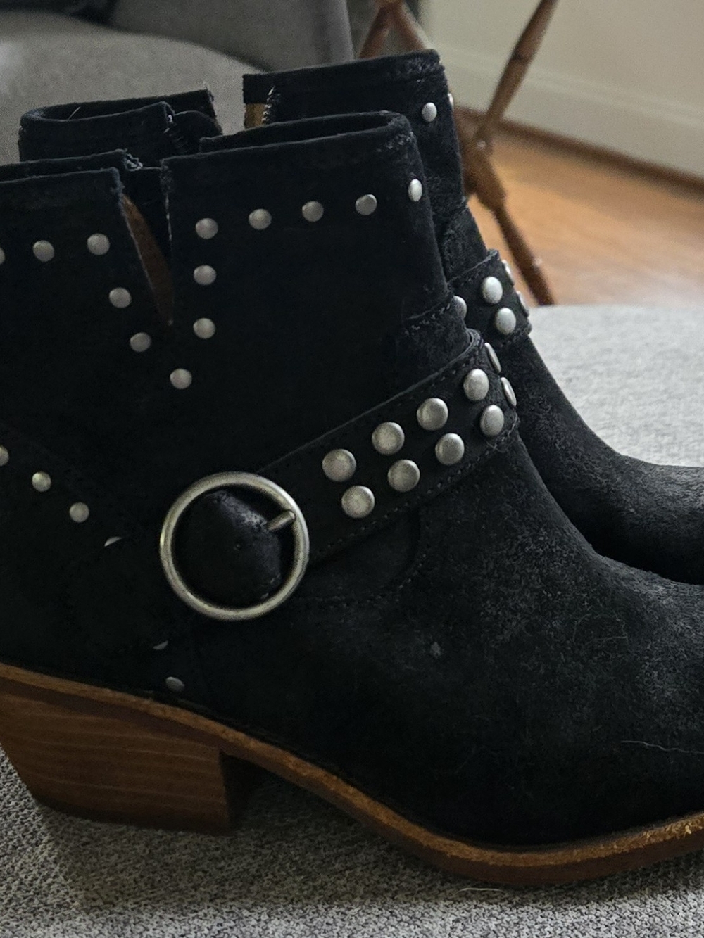 Black Suede Studded Ankle Boots with Buckle